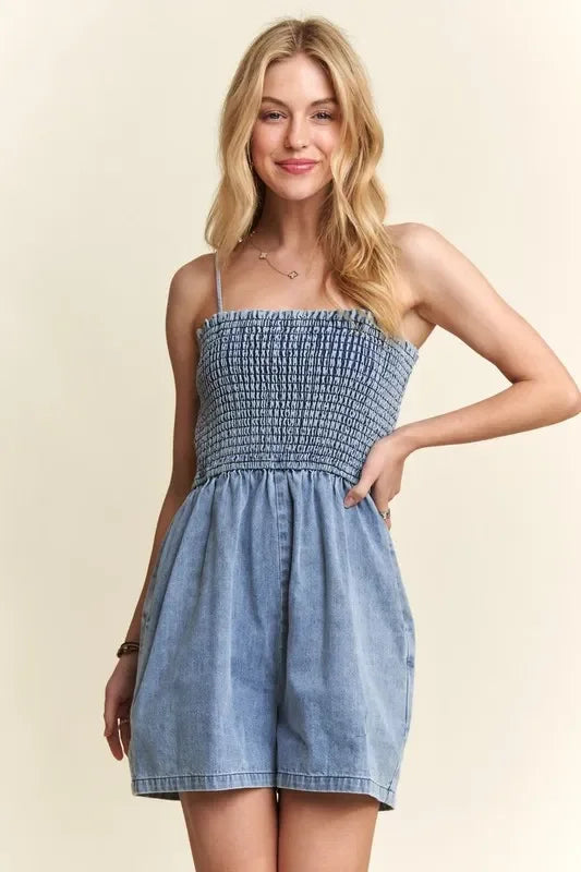 Smocked Spaghetti Strap Denim Romper - Eva's Edition