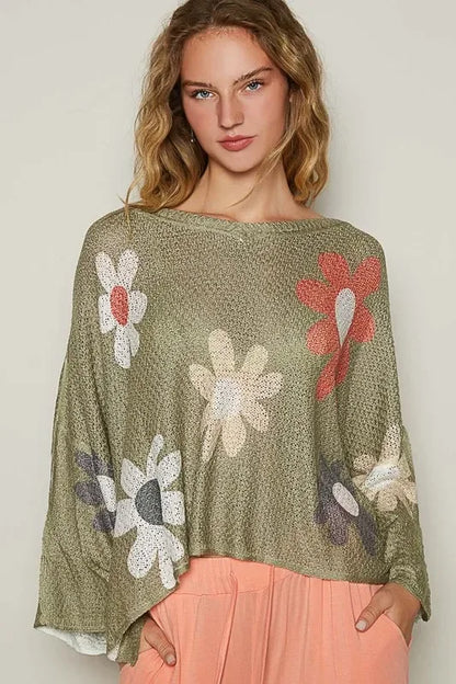 Flower Dropped Shoulder Long Sleeve Knit Top - Eva's Edition