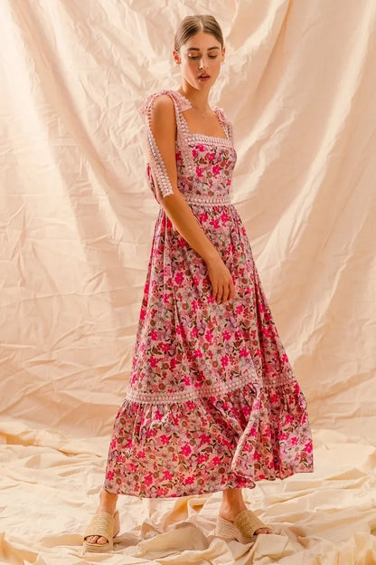 Floral Maxi Dress With Ribbon Tie Lace Strap - Eva's Edition