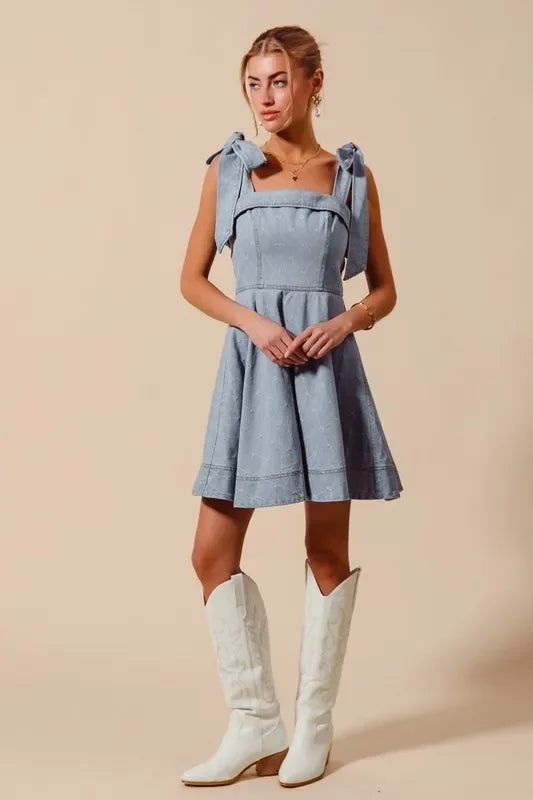 Diamond Bow Ribbon Denim Dres - Eva's Edition