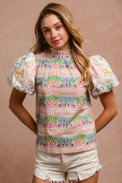 Ruffle Neckline Blouse with Embroidery Bubble Sleeve - Eva's Edition
