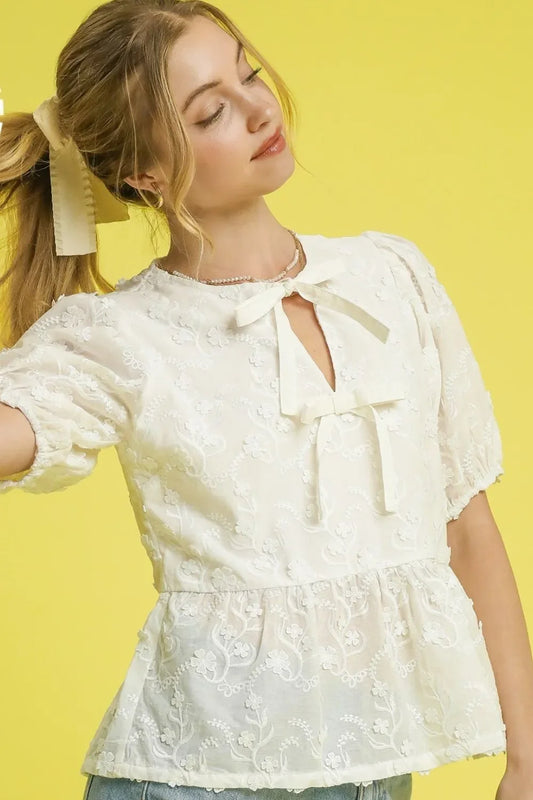 Embroidered Tie Front Peplum Blouse - Eva's Edition