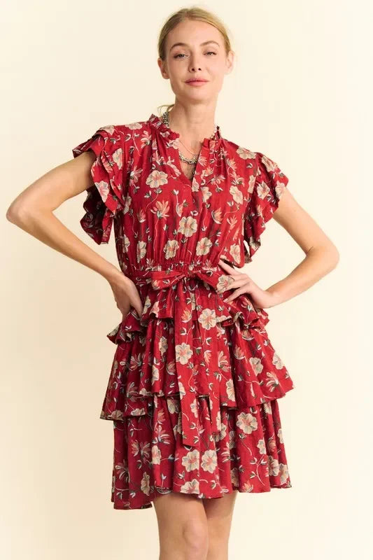 Ruffle Flutter Sleeve Tie Belt Tiered Mini Dress - Eva's Edition