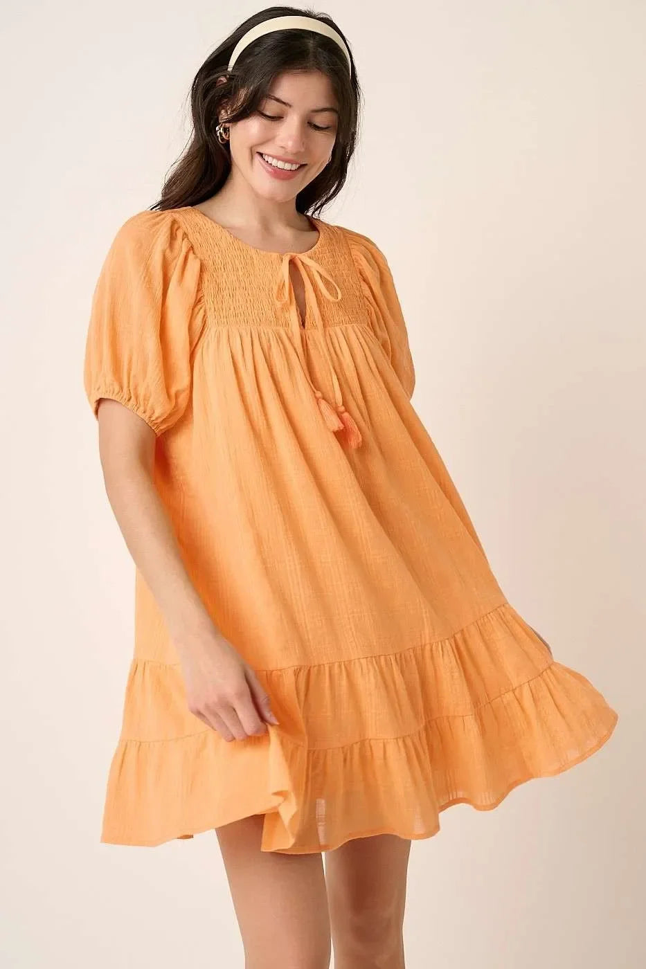 Tassel Tie Plaid Gauze Short Sleeve Mini Dress - Eva's Edition