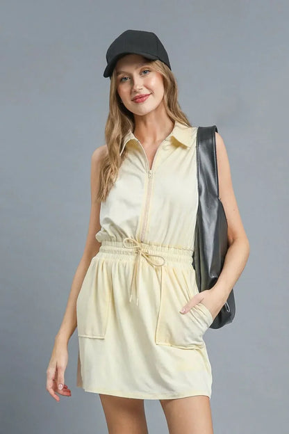 Zip Front Drawstring Waist Sleeveless Dress - Eva's Edition